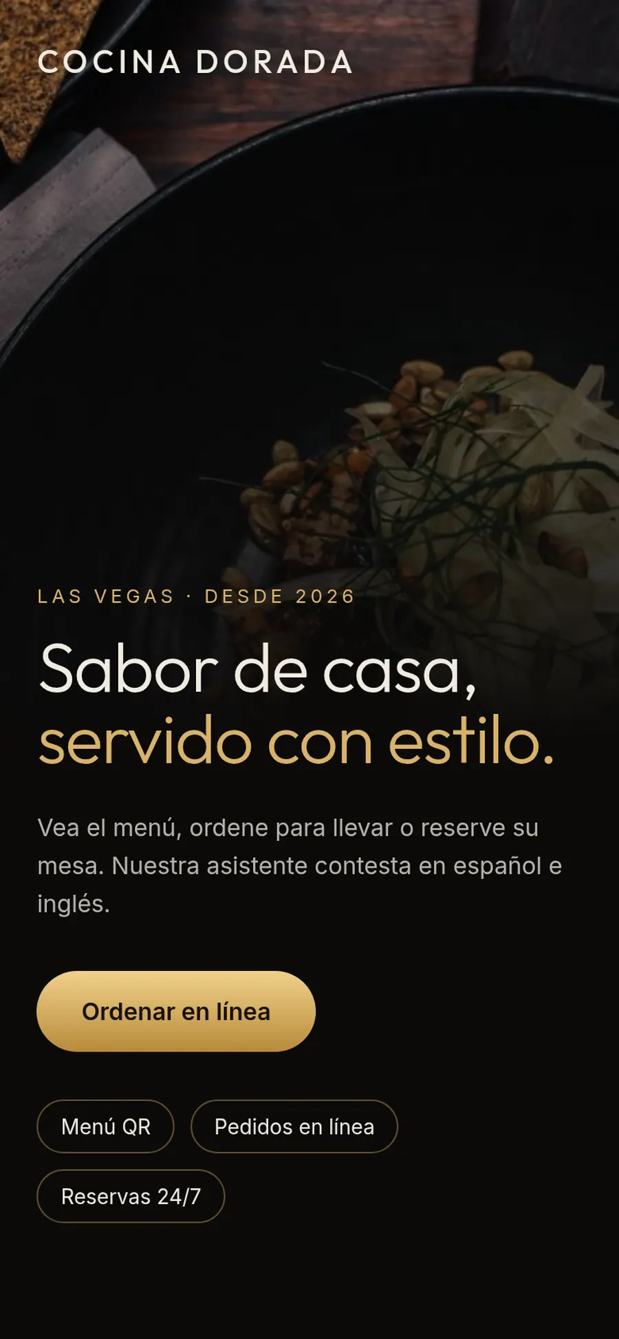 Página de ejemplo de un restaurante ficticio en un celular